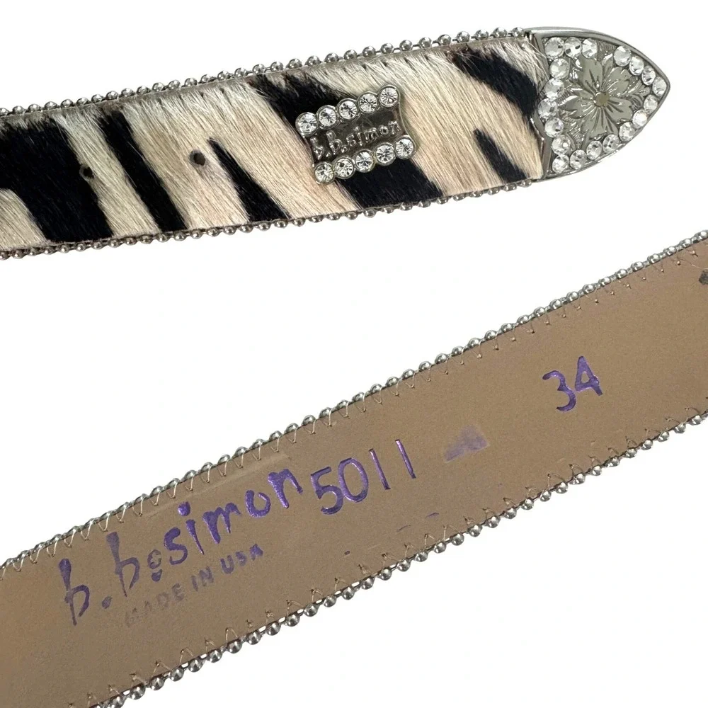 B.B. Simon Crystal Embellished Zebra print Pony Hair‎ Western Belt